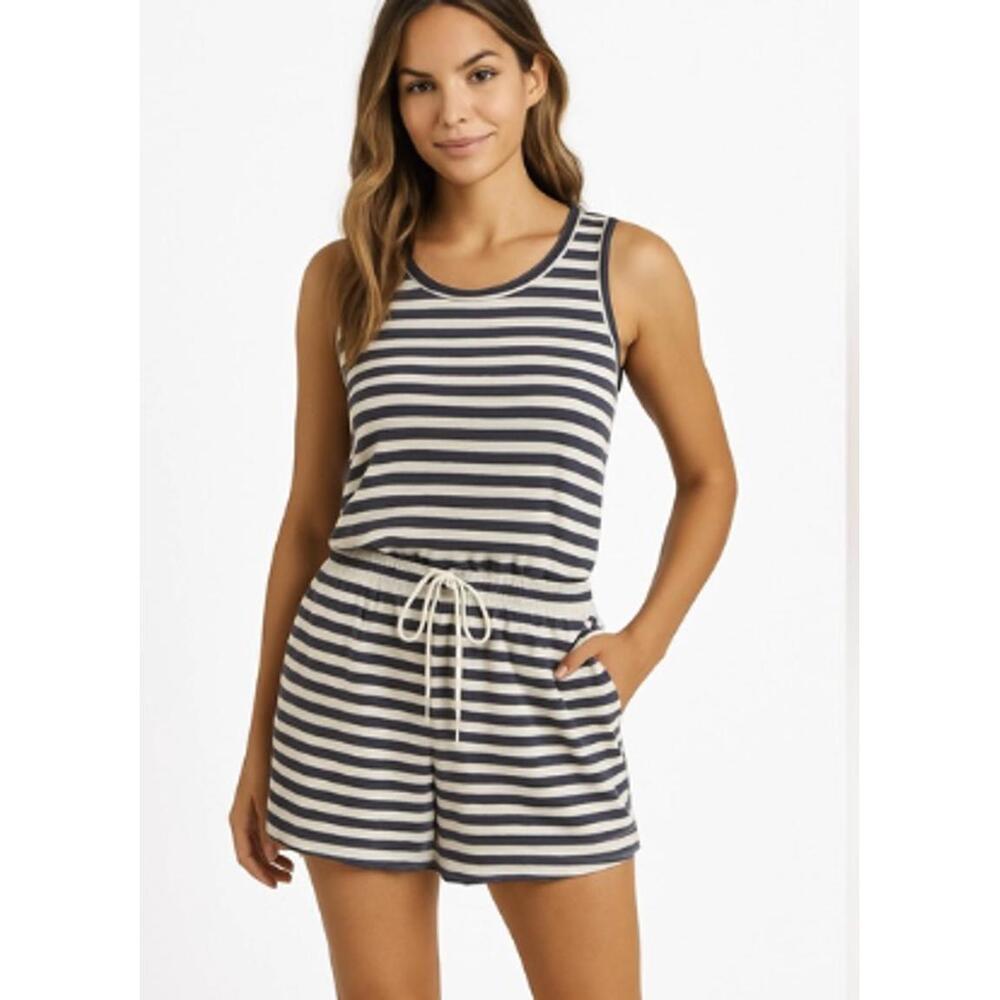 Evereve Navy and White Striped Sleeveless Romper